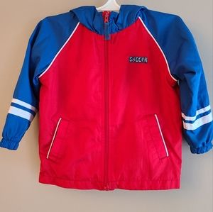 Red and blue mesh lined hooded windbreaker jacket
